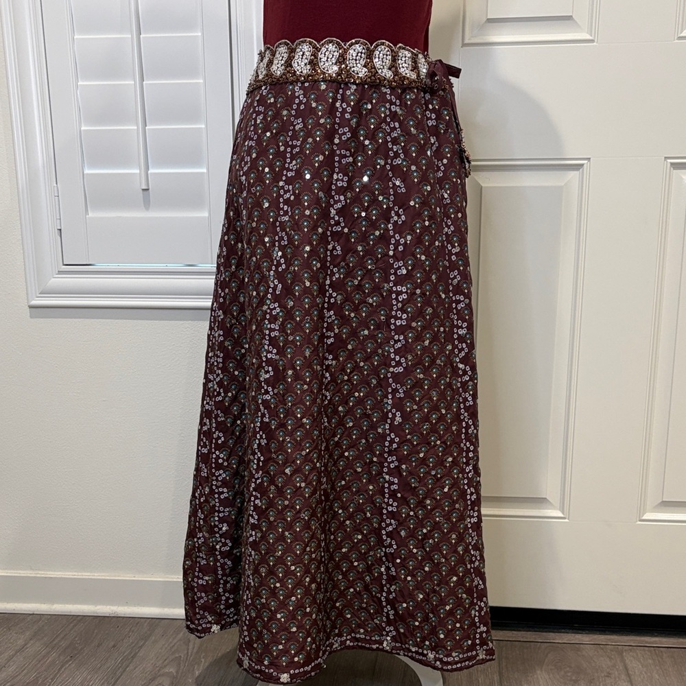 WD.NY Boho 100% Silk Flared Sequin Maxi Skirt Embellished Belt Brown 10